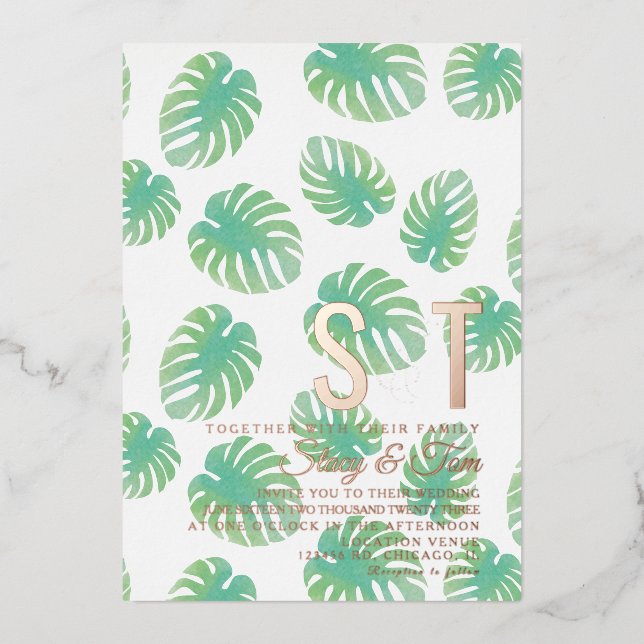 Botanische Hochzeit von Monstera Leaf Folieneinladung (Vorderseite)