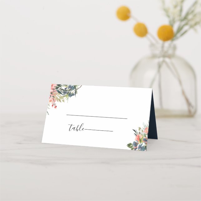 Botanische Hochzeit von Navy Blue Coral Platzkarte (Vorderseite)