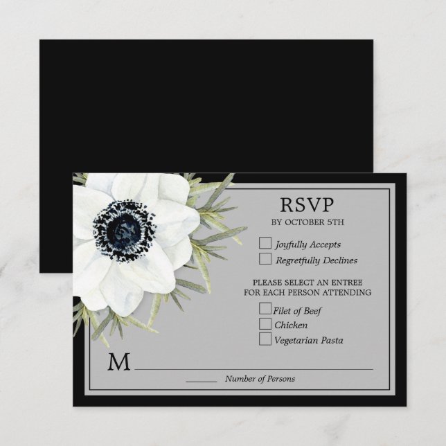 Botanische Hochzeit von Schwarz-Weiß-Anemonen RSVP Karte (Vorne/Hinten)