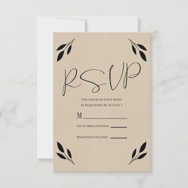 Botanische Hochzeit von schwarzem Leaf mit moderne RSVP Karte (Vorderseite)