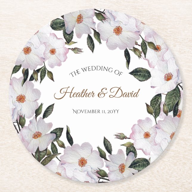 Botanische Hochzeit von White Roses Runder Pappuntersetzer (Vorderseite)