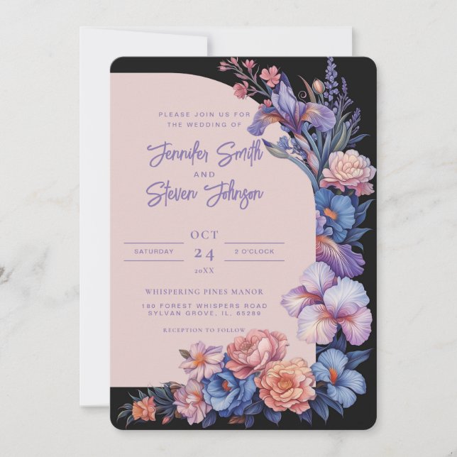 Botanische Hochzeit zwischen Rosa und Blau Iris Einladung (Vorderseite)