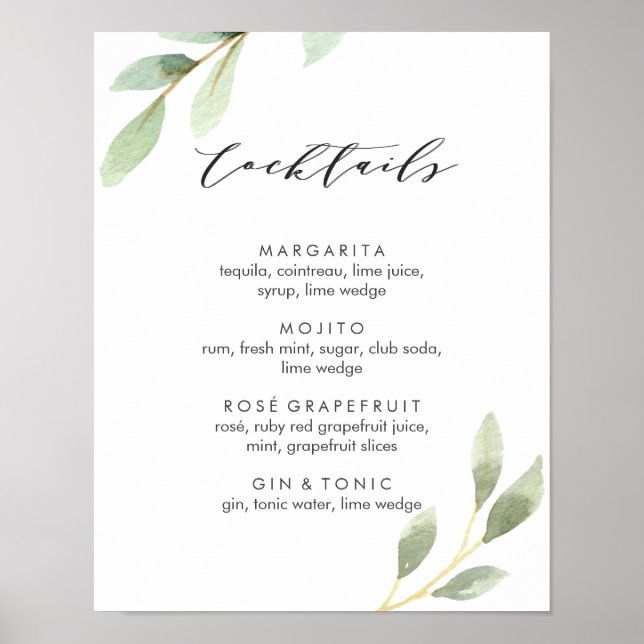 Botanische Hochzeitscocktail-Menü Schild (Vorne)