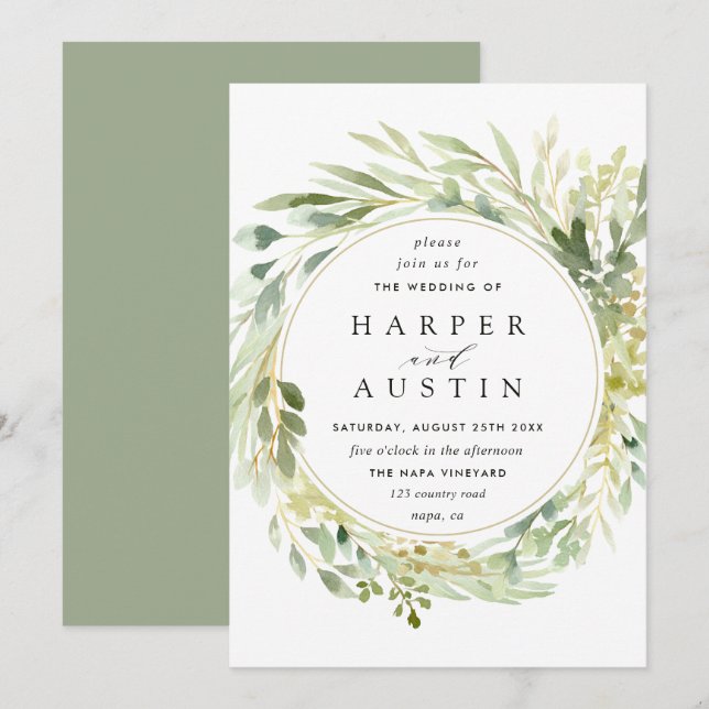 Botanische Hochzeitseinladung in Grünblättern Einladung (Vorne/Hinten)