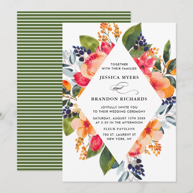 Botanische Hochzeitseinladung in Wasserfarben Oran Einladung (Vorne/Hinten)