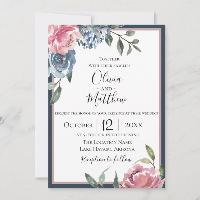 Botanische Hochzeitseinladung von Navy Blue Mauve Einladung (Vorderseite)