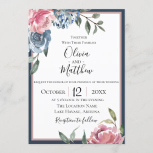 Botanische Hochzeitseinladung von Navy Blue Mauve Einladung