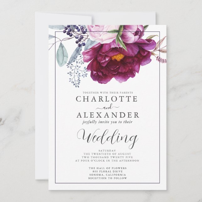 Botanische Hochzeitseinladungen mit Rotem Violett Einladung (Vorderseite)