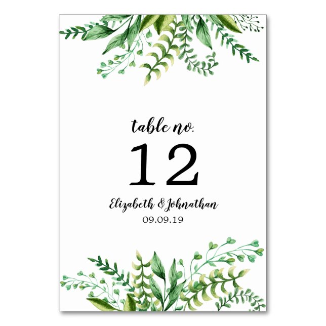 Botanische Hochzeitsempfehlung im eleganten Waterc Tischnummer (Vorderseite)