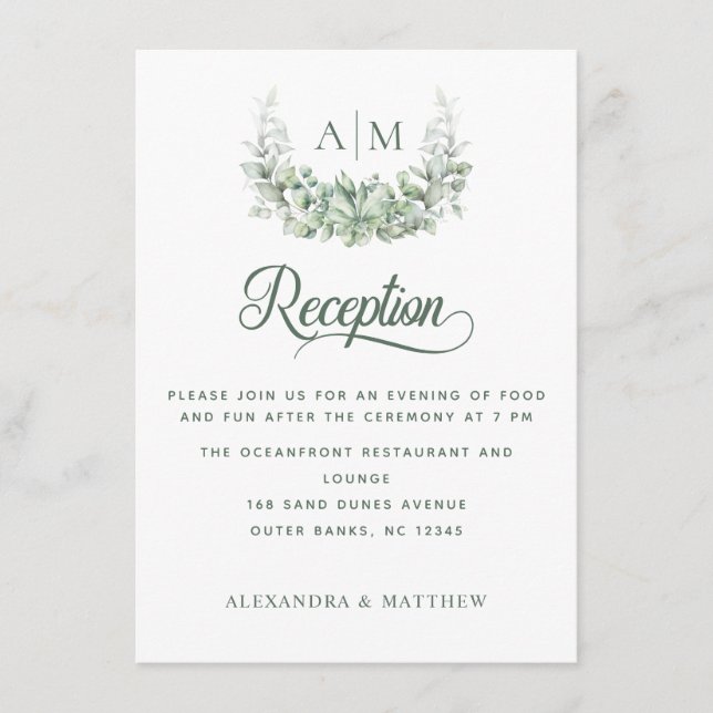 Botanische Hochzeitsempfehlung in elegantem Monogr Begleitkarte (Vorderseite)