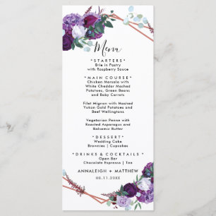 Botanische Hochzeitsempfehlung mit Lila Blumen Menükarte