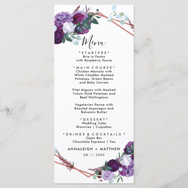 Botanische Hochzeitsempfehlung mit Lila Blumen Menükarte (Vorderseite)