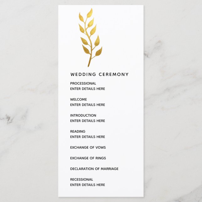 Botanische Hochzeitsfeier mit einfachem Goldleder Programm (Vorderseite)