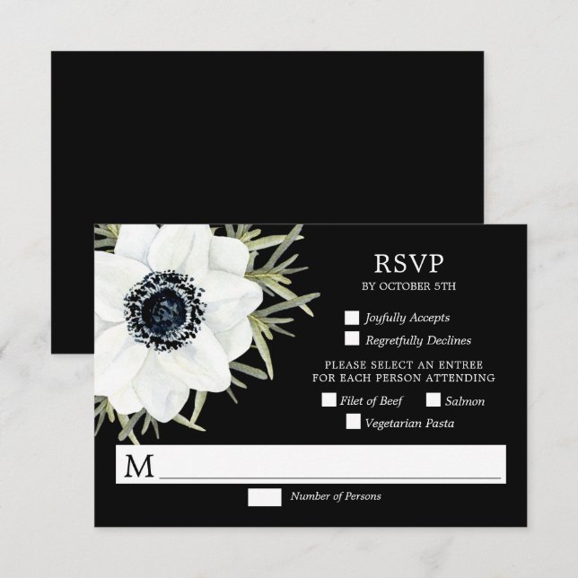 Botanische Hochzeitskarte für Schwarz-Weiß-Anemone RSVP Karte (Vorne/Hinten)