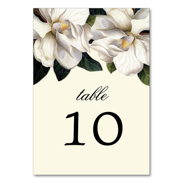 Botanische Hochzeitskarten Süd Magnolien Tischnummer (Vorderseite)