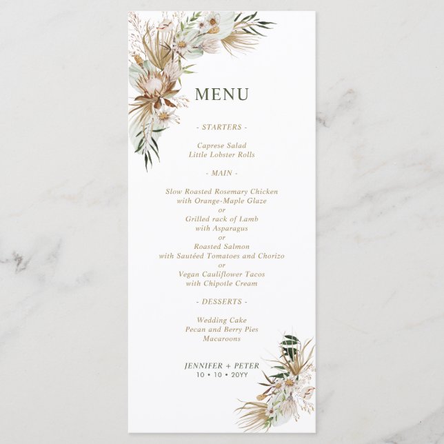 Botanische Hochzeitsmenüs von Green & Gold Boho Menükarte (Vorderseite)