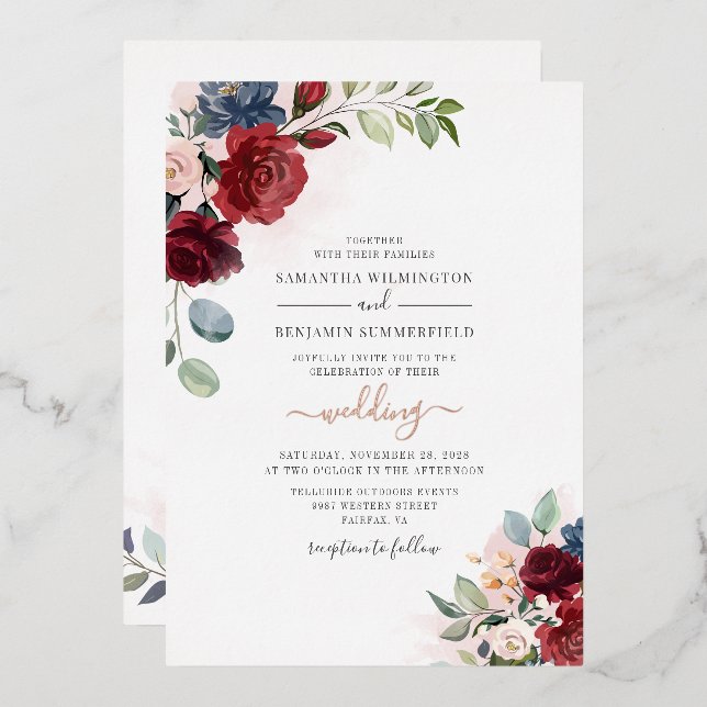Botanische Hochzeitsskrippe mit floraler Burgund R Folieneinladung (Vorderseite/Rückseite)