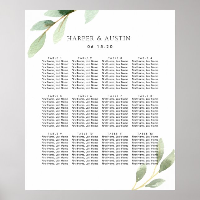 Botanische Hochzeitstabelle für Grünfolien Poster (Vorne)