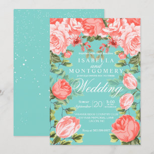 Botanische Hübsche Hochzeit Aquamarin und Korallen Einladung