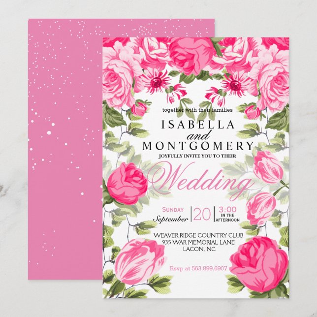 Botanische hübsche rosa Blumenhochzeit Einladung (Vorne/Hinten)