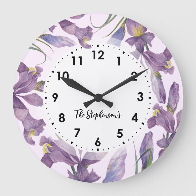 Botanische Illustration: Lila Wasserfarbe Ire Große Wanduhr (Vorderseite)