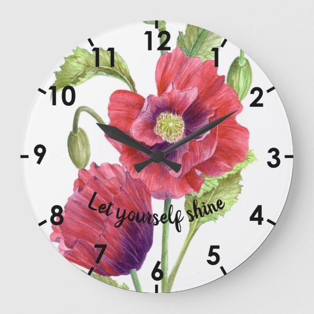 Botanische Illustration: Rote Popsonen Große Wanduhr (Vorderseite)