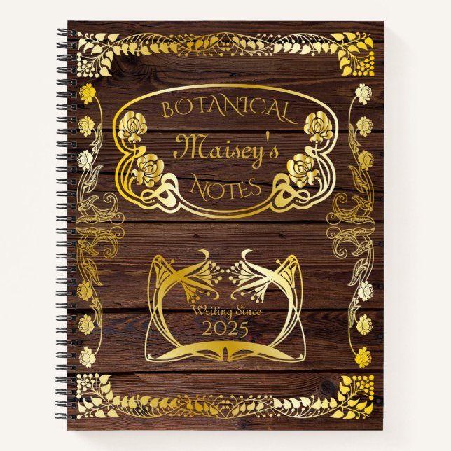 Botanische Jugendstil-Motive Buchcover Holz Gold Notizbuch (Vorderseite)
