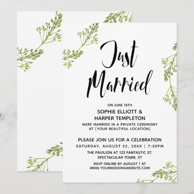 Botanische Just Married Typografy Post Wedding Einladung (Vorne/Hinten)