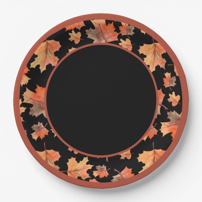 Botanische Kakaostreifen und Ahorn-Blätter Schwarz Pappteller (Vorderseite)