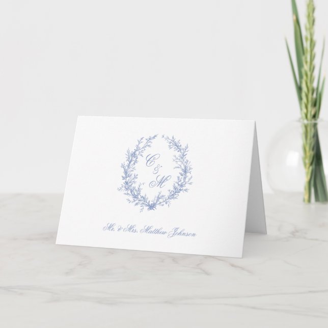 Botanische Keilhochzeit mit Dusty Blue Monogram Dankeskarte (Vorderseite)