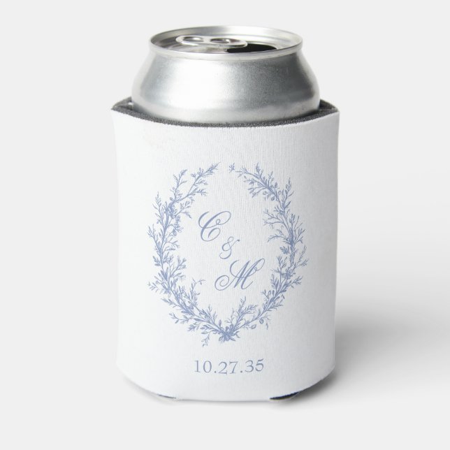 Botanische Keilhochzeit mit Dusty Blue Monogram Dosenkühler (Kanne Rückseite)