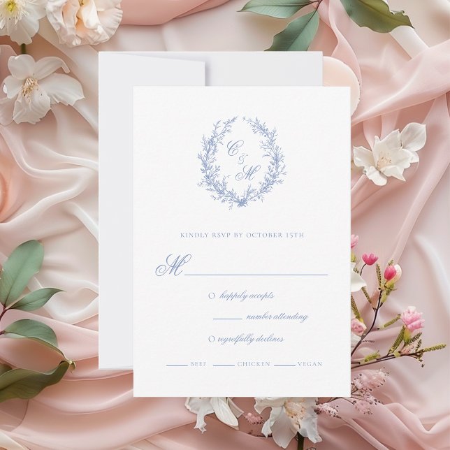 Botanische Keilhochzeit mit Dusty Blue Monogram RSVP Karte (Von Creator hochgeladen)