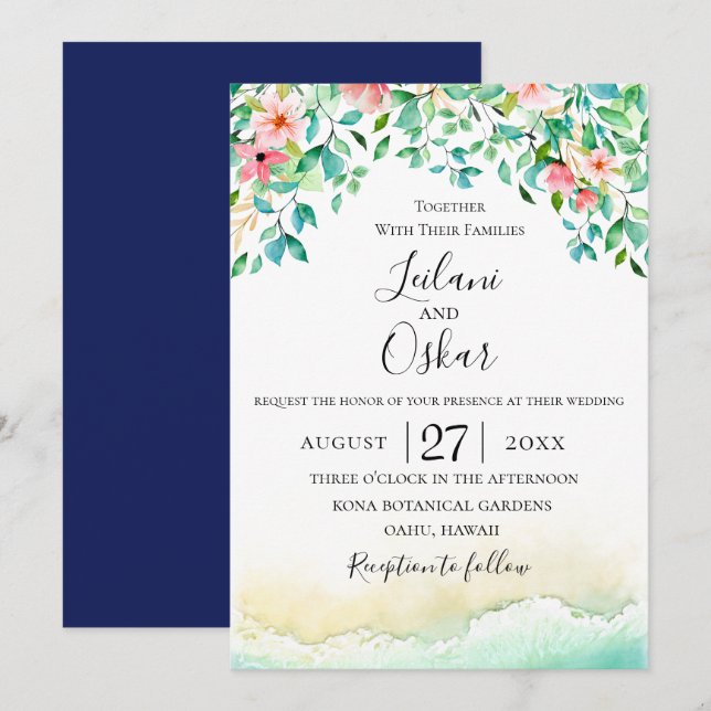 Botanische Koralleninsel Hochzeit Einladung (Vorne/Hinten)