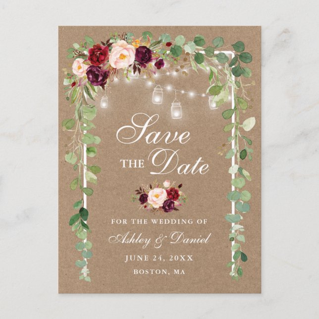Botanische Kraft Burgundy Floral Save the Date Ankündigungspostkarte (Vorderseite)