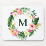 Botanische Kräne-Monogramm Mousepad<br><div class="desc">Tropisches Thema anpassbare Monogramm Mousepad. Es ist mit einem Aquarellkranz tropischer Blume wie Hibiskus und Plumeria mit Akzenten im Grünen ausgestattet. Personalisieren Sie diese,  indem Sie Ihr Monogramm hinzufügen. Dieses tropische Monogramm-Mousepad ist ein personalisiertes Geschenk.</div>