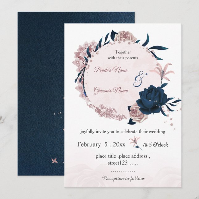 Botanische Kranzhochzeit der Blume Marine und Rosa Einladung (Vorne/Hinten)