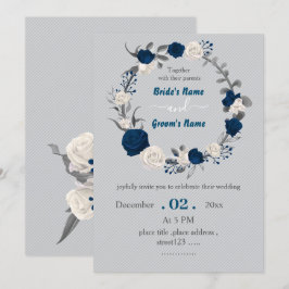 Botanische Kranzhochzeit in blauen und weißen Blum Einladung