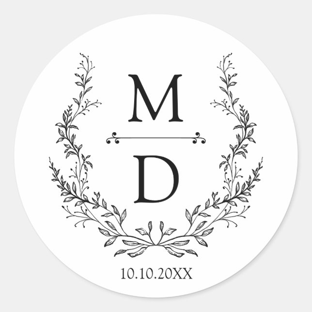 Botanische Kranzinitialen Monogramm Hochzeit elega Runder Aufkleber (Vorderseite)