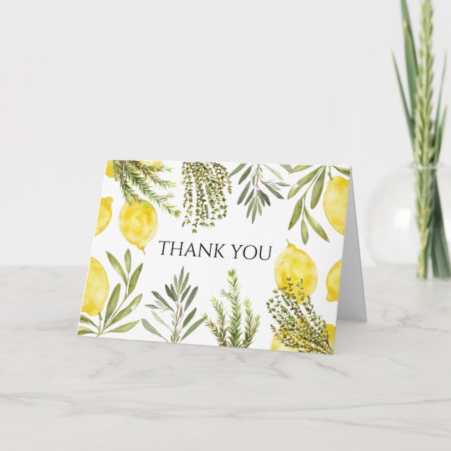 Botanische Kräuter Lemons Wasserfarbe Vielen Dank Einladung (Vorderseite)