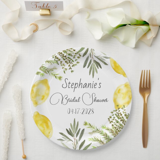Botanische Kräuter Zitronen Aquarell-Junggesellinn Pappteller (Hochzeit)
