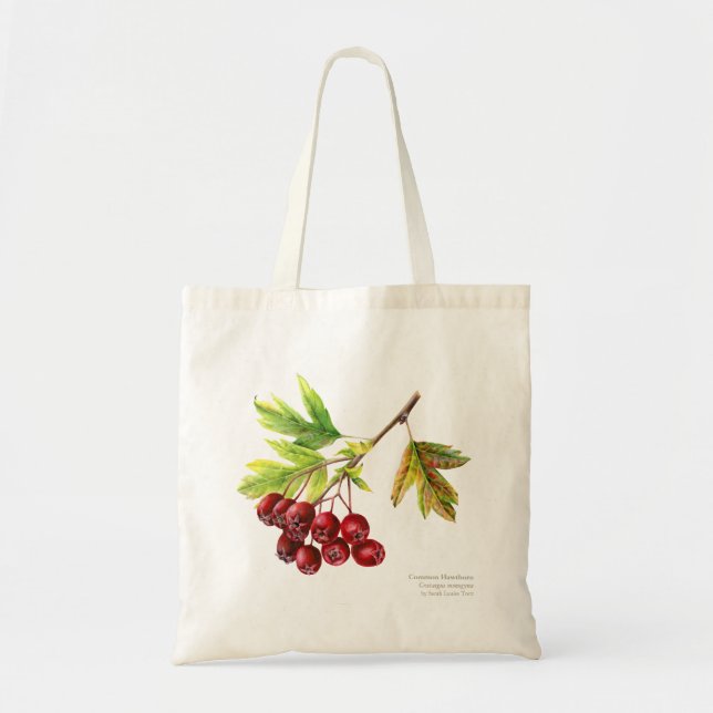 Botanische Kunst des Hawthorn, Aquarellmalerei Tragetasche (Vorne)