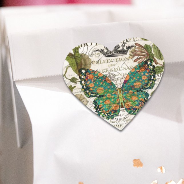 Botanische Kunst - französischer Landskriptschmett Herz-Aufkleber (botanical art french country script leaf butterfly heart sticker)