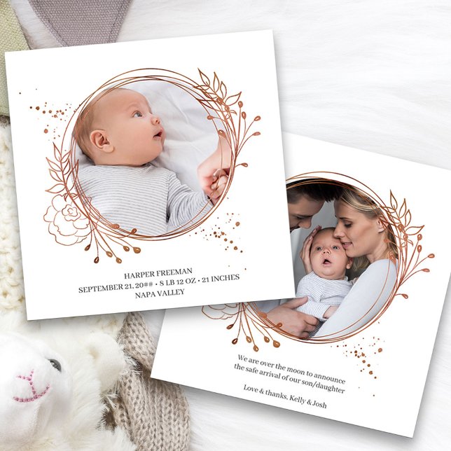 Botanische Kupfer Rose Gold Foto Rahmen Birne Ankündigung (2 Framed Photo Baby Birth Announcement. Buy printed or as a printable digital download)