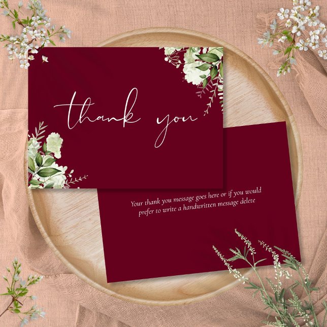 Botanische Landschaft Burgund Elegantes Skript Dankeskarte (Burgundy Botanical Greenery Elegant Script Thank You Card)