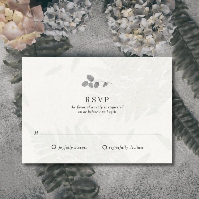Botanische Leaf Monogram Wedding RSVP Card (Elegant botanical leaf wedding RSVP card. Features a light gray faux leaf pattern. )