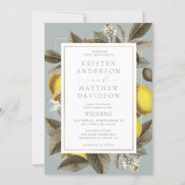 Botanische Lemon-Blätter Wedding Dusty Blue Einladung