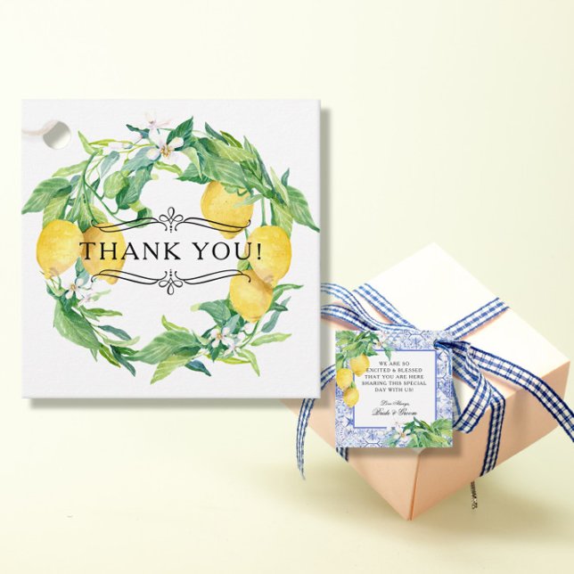 Botanische Lemon Wreath Blue White Farmhouse Tile Geschenkanhänger (Von Creator hochgeladen)