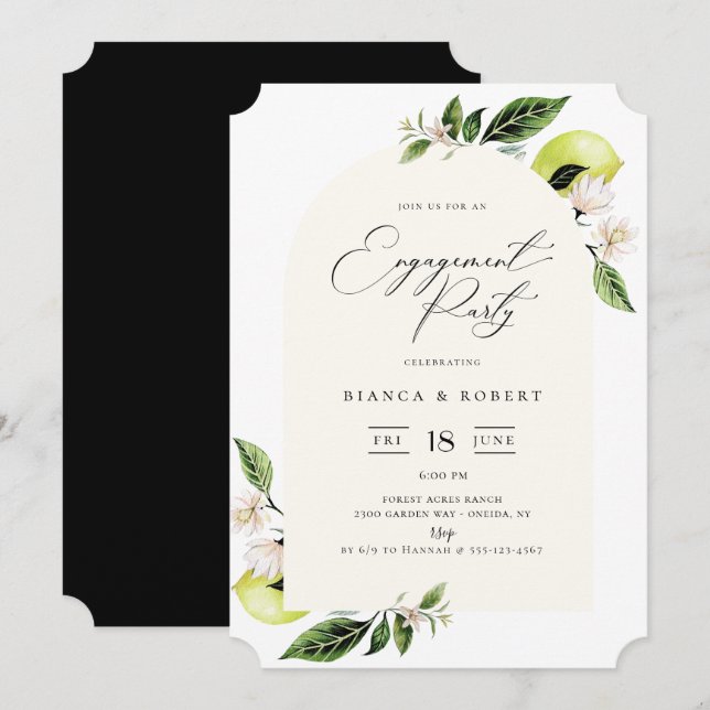 botanische Lemons-Arch-Rahmen-Engagement-Party Einladung (Vorne/Hinten)