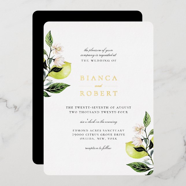 Botanische Lemons Hochzeit Folieneinladung (Vorderseite/Rückseite)