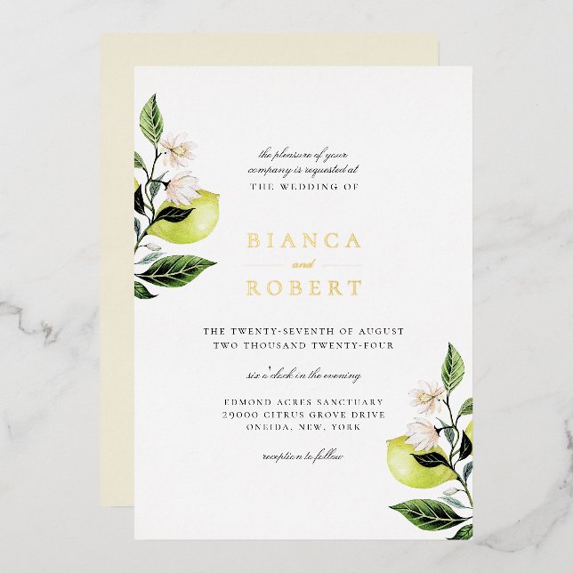 Botanische Lemons Hochzeit Folieneinladung (Vorderseite/Rückseite)